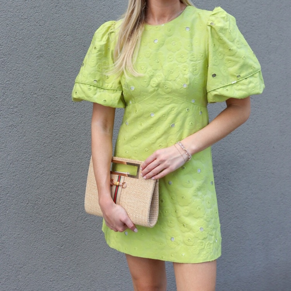 NWT COREY LYNN CALTER Floral Jacquard Cutout Elbow Puff Sleeve Dress Large